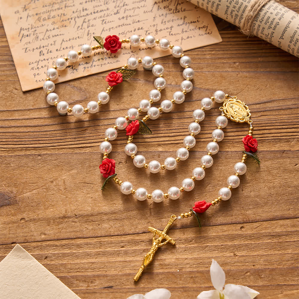 Christianartworkshop Rosario clásico de color marfil y rosa roja: Devoción mariana suave y elegante. - image 2