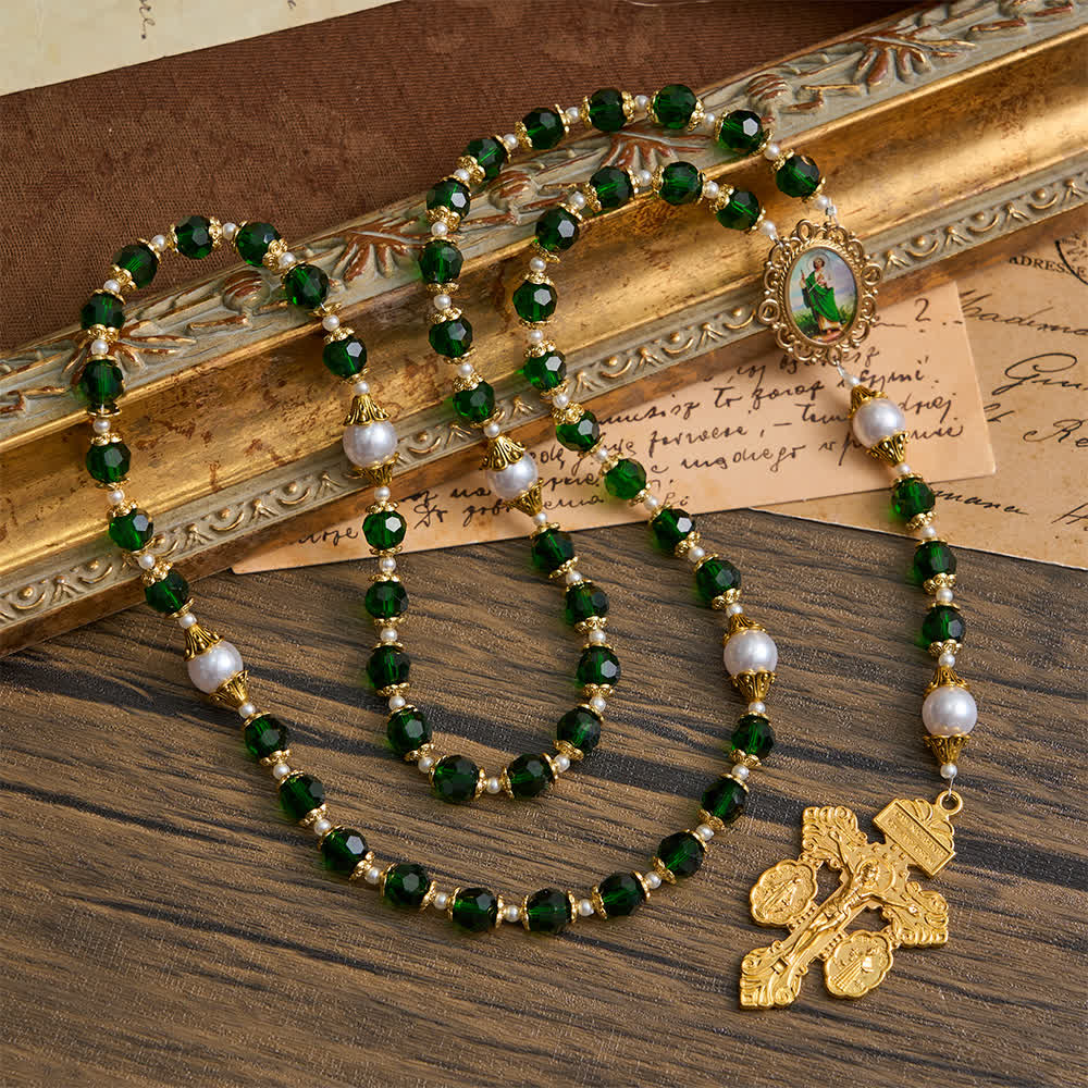 Christianartworkshop Rosario devocional de San Judas con cristal verde y crucifijo. - San Judas y el crucifijo - image 0