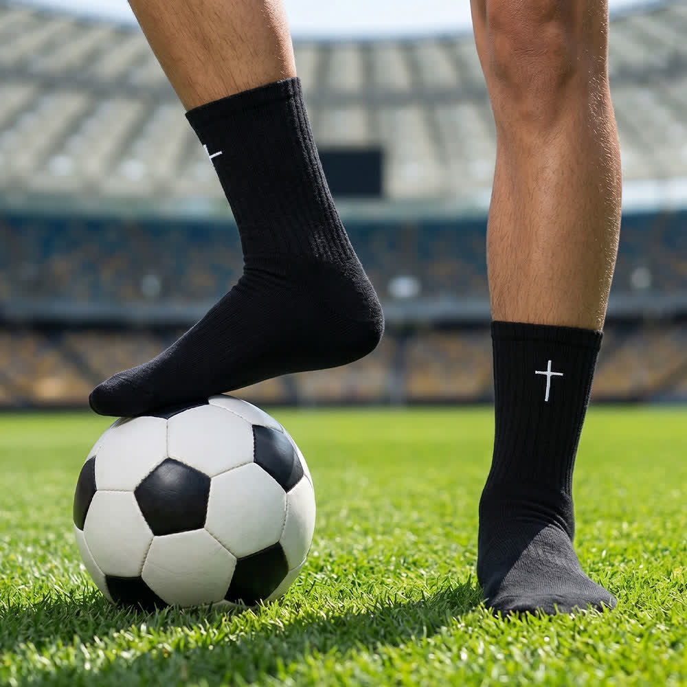 Christianartworkshop Calcetines deportivos diarios de ajuste relajado con bordado de cruz simple en tono liso - Negro - 10 pares - image 0
