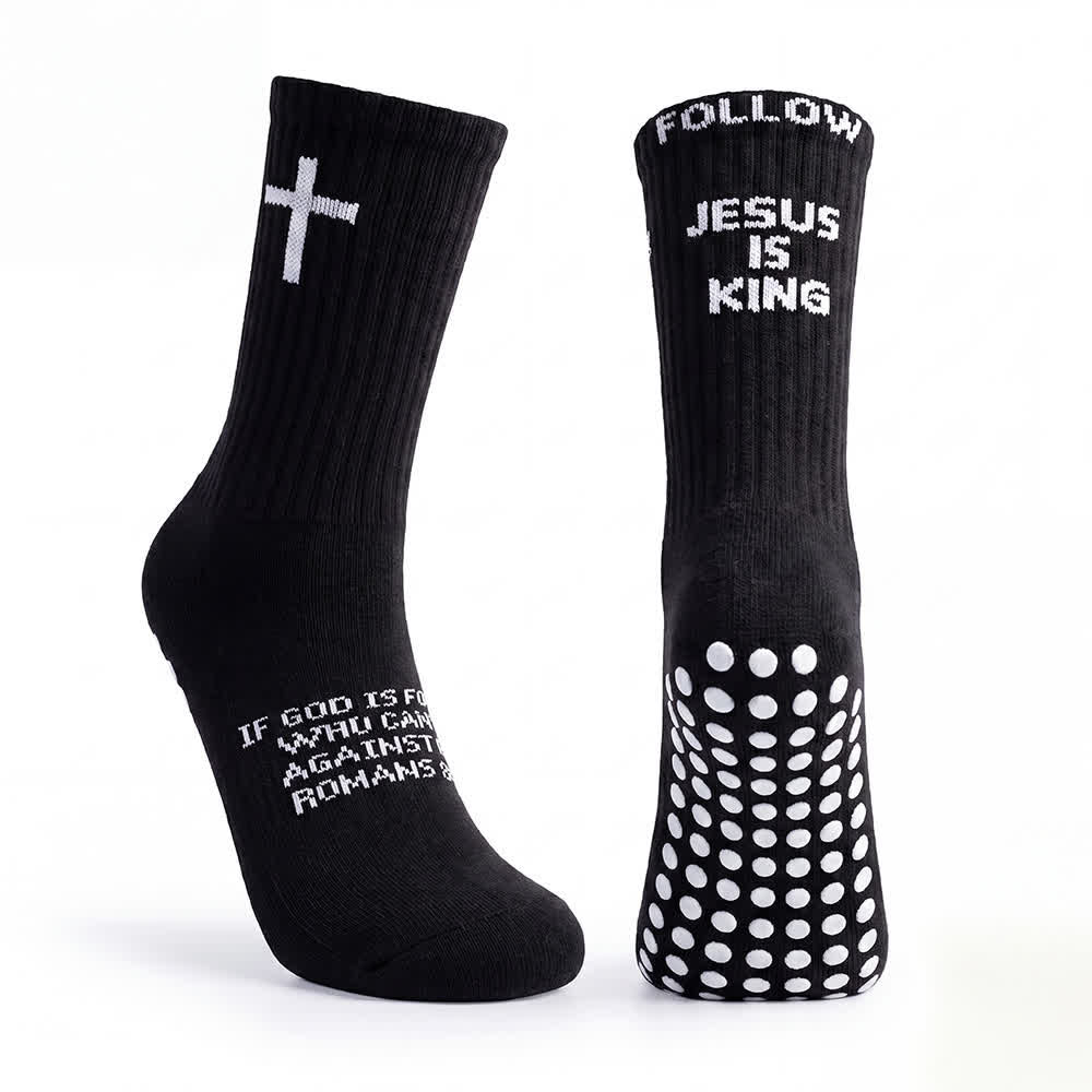 Christianartworkshop Calcetines deportivos antideslizantes con estampado de lunares y letras escalonadas "Follow Jesus Is King" - image 1