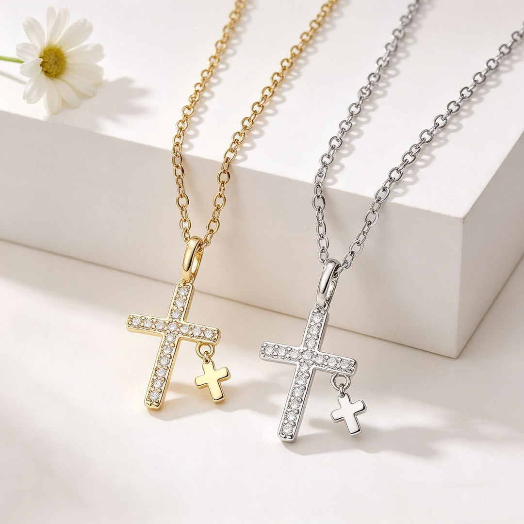 Christianartworkshop Colgante de cruz grande con incrustaciones de circonitas pavé, mini cruz colgante maciza y cadena de cable clásica. - image 0