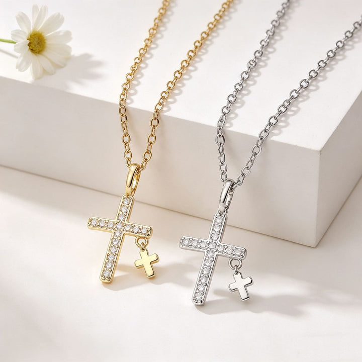 Christianartworkshop Colgante de cruz grande con incrustaciones de circonitas pavé, mini cruz colgante maciza y cadena de cable clásica. - image 0
