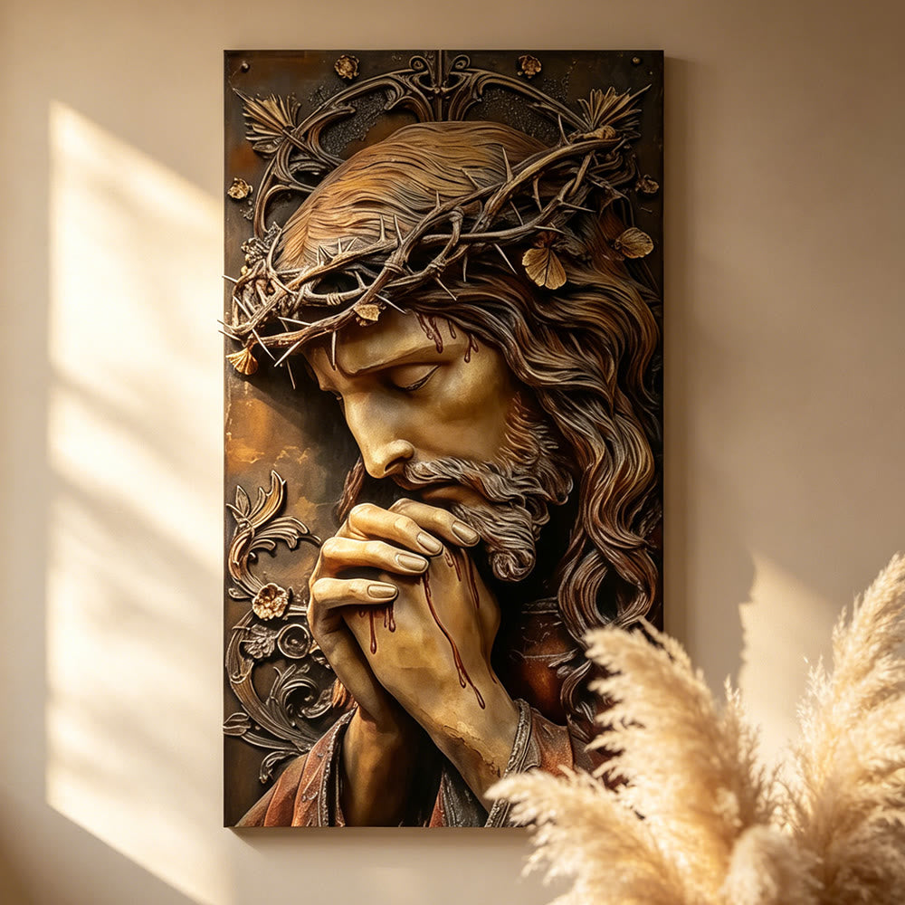 Christianartworkshop Lámina decorativa texturizada de Jesús en oración con corona de espinas: un símbolo diario de amor redentor y devoción. - Cuadro en lienzo enmarcado - 13,77"*19,58"*0,7"/35*50*1,8 cm - image 0