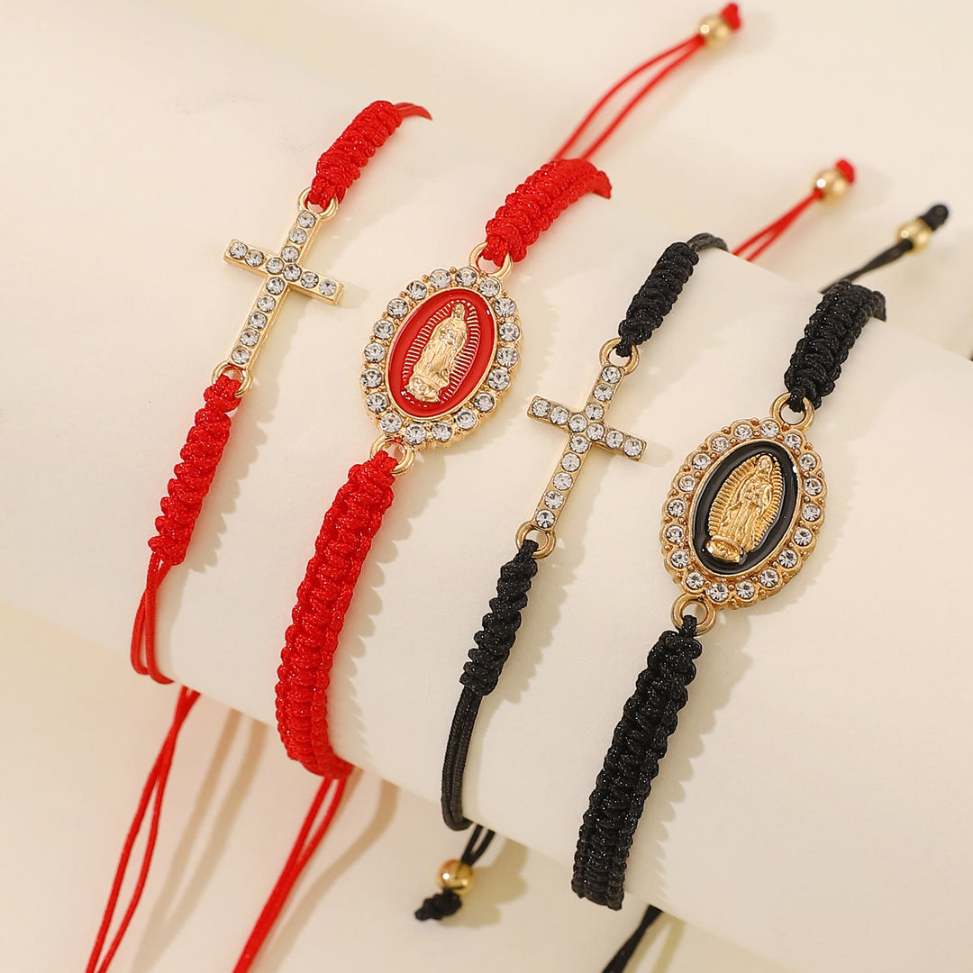 Christianartworkshop Conjunto de pulsera de cordón trenzado doble con cruz incrustada de circonitas y halo de diamantes de imitación de la Virgen María. - image 0