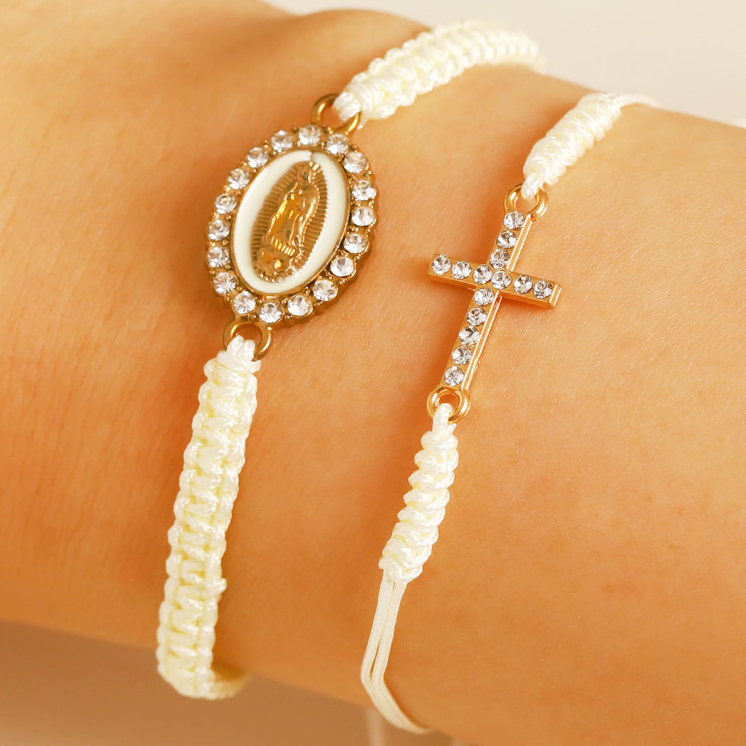 Christianartworkshop Conjunto de pulsera de cordón trenzado doble con cruz incrustada de circonitas y halo de diamantes de imitación de la Virgen María. - Blanco - image 4