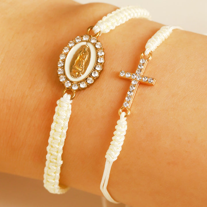 Christianartworkshop Conjunto de pulsera de cordón trenzado doble con cruz incrustada de circonitas y halo de diamantes de imitación de la Virgen María. - Blanco - image 4