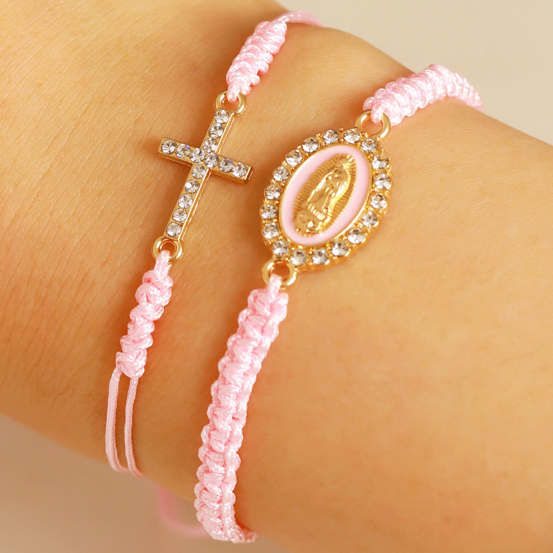 Christianartworkshop Conjunto de pulsera de cordón trenzado doble con cruz incrustada de circonitas y halo de diamantes de imitación de la Virgen María. - Rosa - image 3