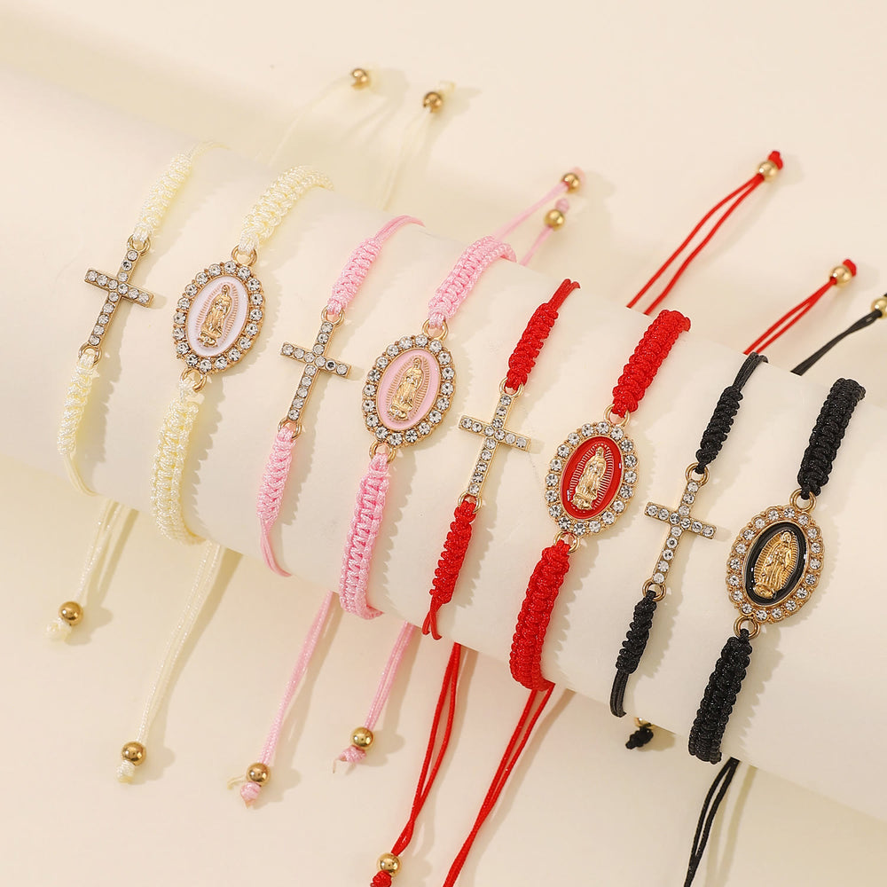 Christianartworkshop Conjunto de pulsera de cordón trenzado doble con cruz incrustada de circonitas y halo de diamantes de imitación de la Virgen María. - image 1