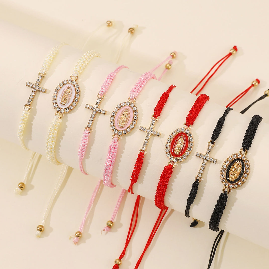 Christianartworkshop Conjunto de pulsera de cordón trenzado doble con cruz incrustada de circonitas y halo de diamantes de imitación de la Virgen María. - image 1