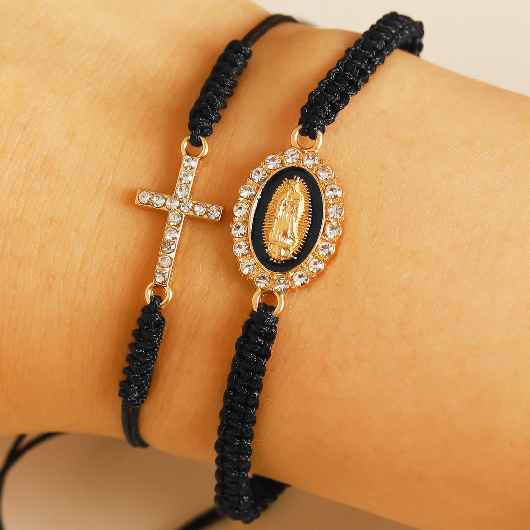 Christianartworkshop Conjunto de pulsera de cordón trenzado doble con cruz incrustada de circonitas y halo de diamantes de imitación de la Virgen María. - Negro - image 5