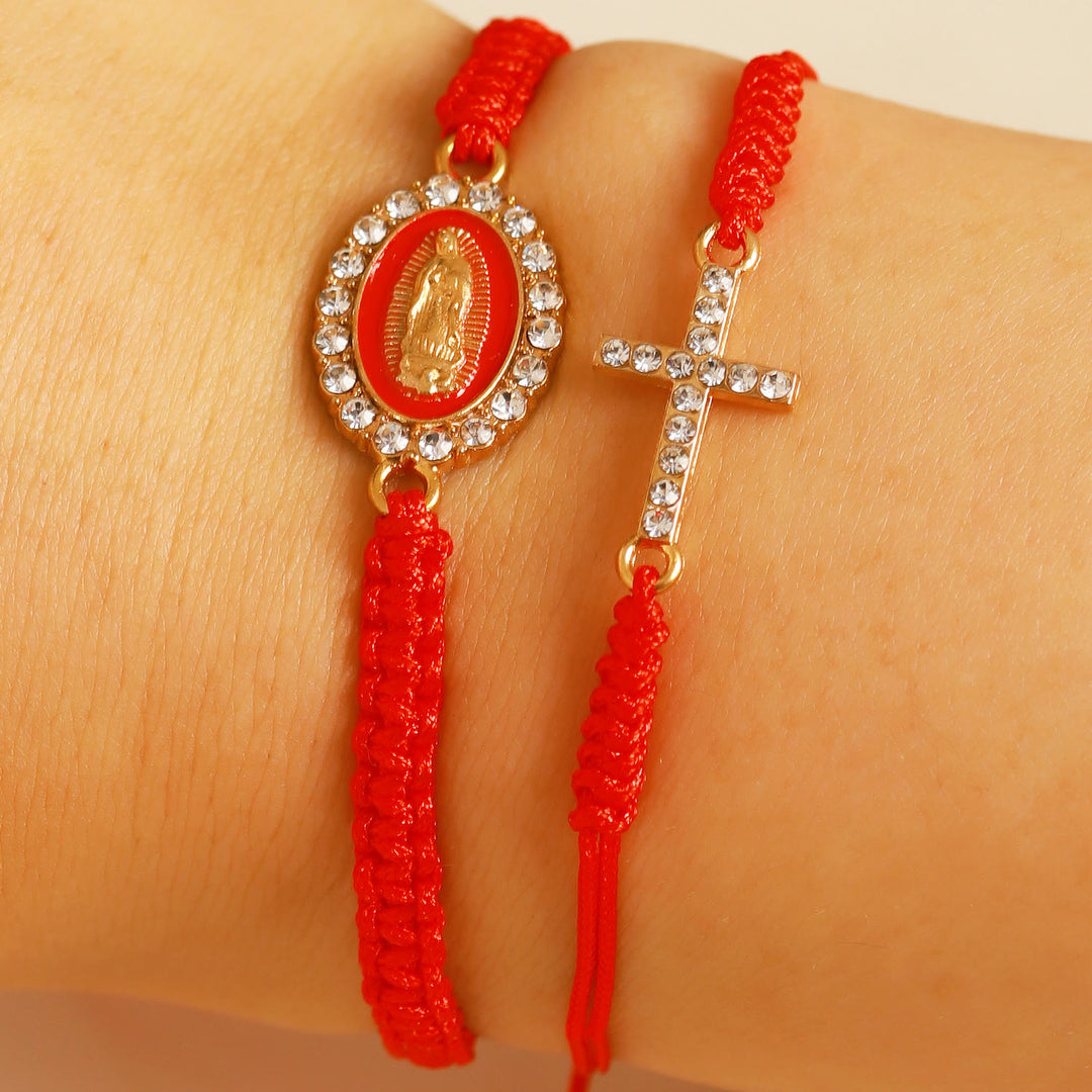 Christianartworkshop Conjunto de pulsera de cordón trenzado doble con cruz incrustada de circonitas y halo de diamantes de imitación de la Virgen María. - Rojo - image 2