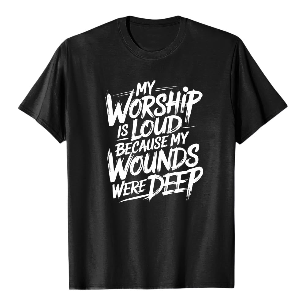 Christianartworkshop "Mi adoración es fuerte porque mis heridas eran profundas" Camiseta de manga corta premium con tipografía llamativa "Fe" - Negro - 2XL - image 1