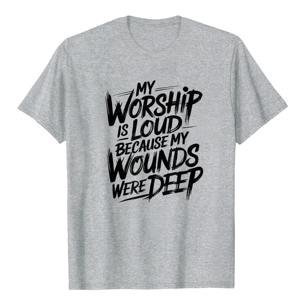 Christianartworkshop "Mi adoración es fuerte porque mis heridas eran profundas" Camiseta de manga corta premium con tipografía llamativa "Fe" - Gris - 2XL - image 0