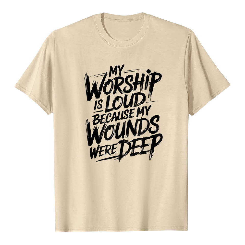 Christianartworkshop "Mi adoración es fuerte porque mis heridas eran profundas" Camiseta de manga corta premium con tipografía llamativa "Fe" - Beige - 2XL - image 4