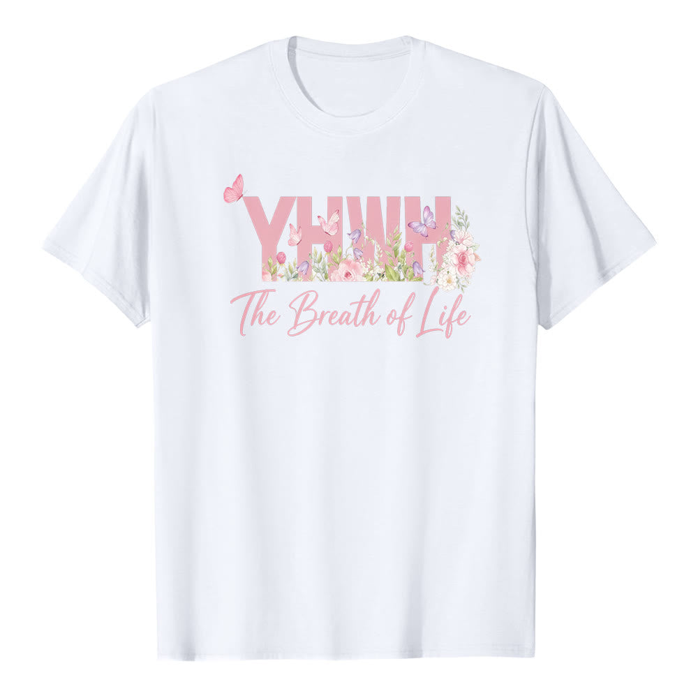 Christianartworkshop Camiseta de manga corta premium con estampado floral y de mariposas en tonos pastel "YHWH" - Blanco - 2XL - image 1