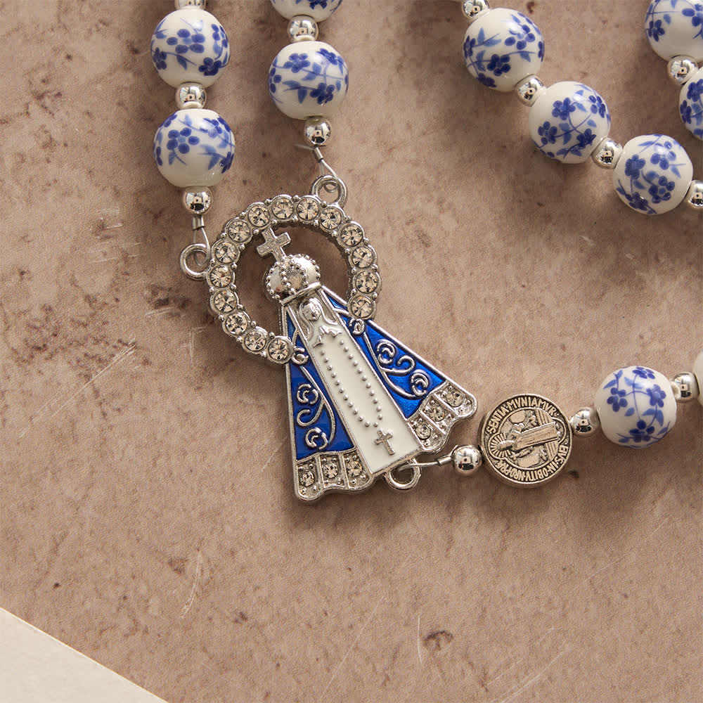 Christianartworkshop Rosario de cerámica floral azul y blanco con medallas de San Benito y Nuestra Señora - image 8