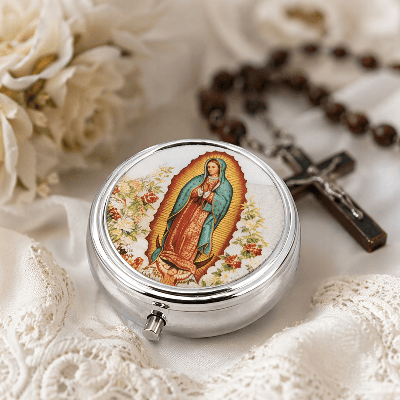 Christianartworkshop Estuche para rosario antiguo de San Judas Tadeo y Nuestra Señora de Guadalupe con tapa de resina epoxi: un símbolo de protección sagrada y fe devocional. - image 8