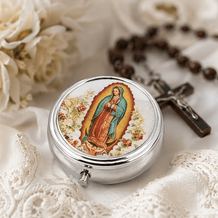 Christianartworkshop Estuche para rosario antiguo de San Judas Tadeo y Nuestra Señora de Guadalupe con tapa de resina epoxi: un símbolo de protección sagrada y fe devocional. - image 8