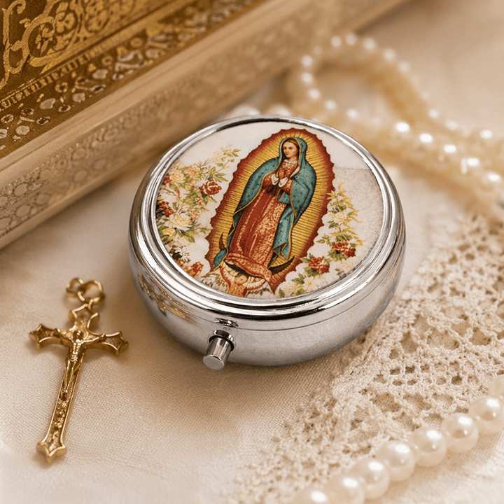 Christianartworkshop Estuche para rosario antiguo de San Judas Tadeo y Nuestra Señora de Guadalupe con tapa de resina epoxi: un símbolo de protección sagrada y fe devocional. - Nª Sª - image 7