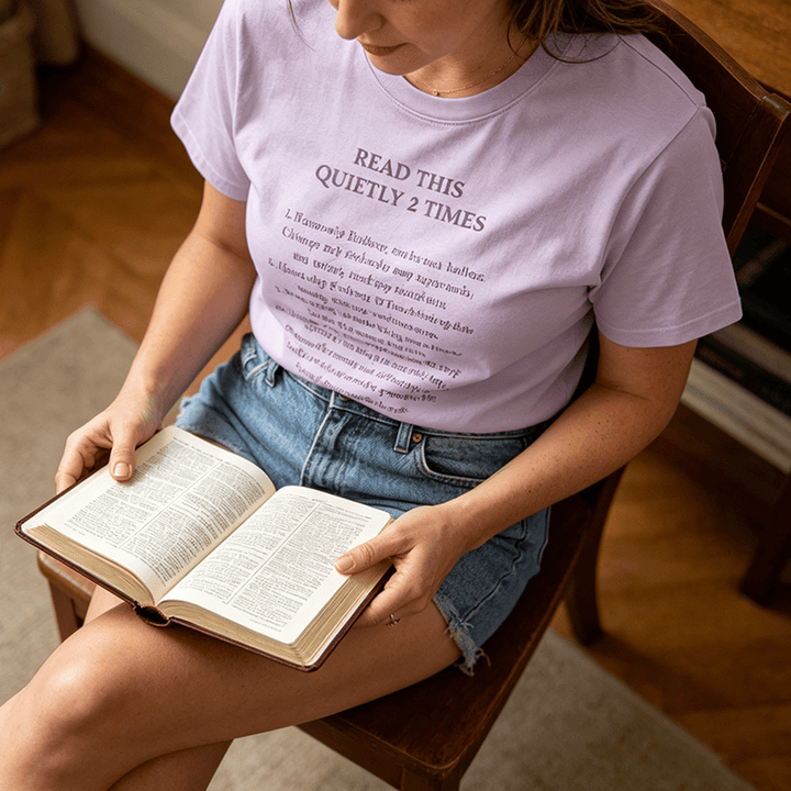 Christianartworkshop Camiseta divertida de manga corta con el mensaje "Lee esto en silencio 2 veces" de Faith Premium. - image 0