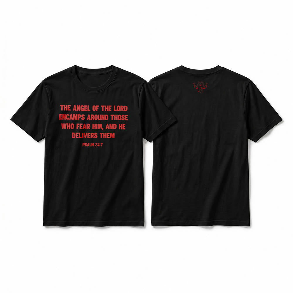 Christianartworkshop Salmo 34:7 "El Ángel del Señor" Camiseta de manga corta premium con estampado frontal y posterior - Negro - 2XL - image 1