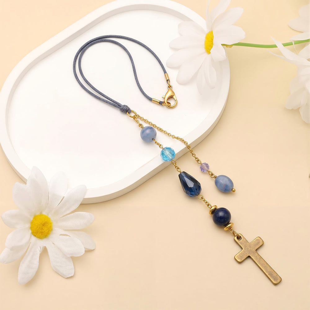 Christianartworkshop Adorno colgante minimalista en forma de cruz para coche con piedras naturales y cuentas de cristal: un recordatorio de la paz celestial en la carretera. - image 1