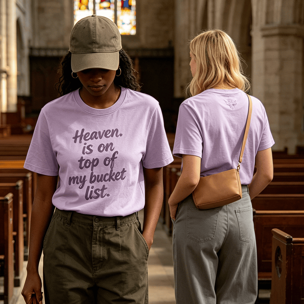 Christianartworkshop Camiseta de manga corta premium color lavanda con la frase "El cielo está en lo más alto de mi lista de deseos". - image 0