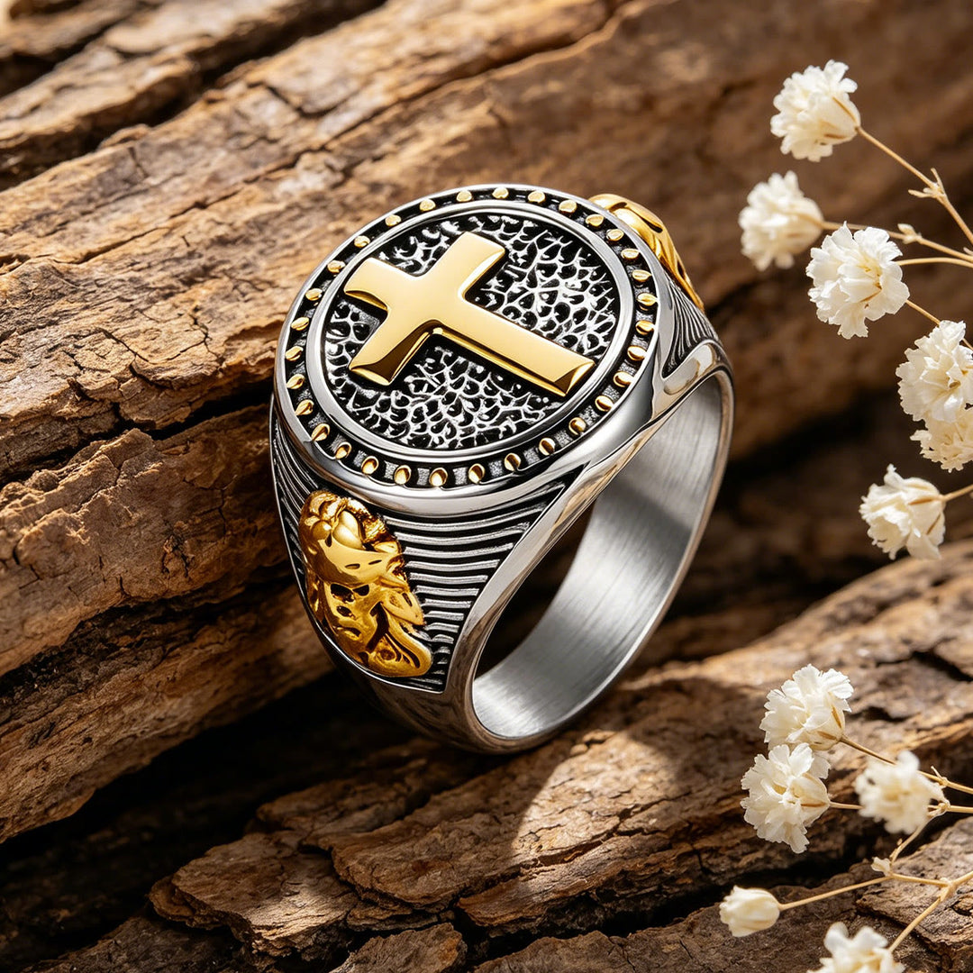 Christianartworkshop Anillo de sello vintage bicolor con cruz y detalle del perfil de Jesús: un símbolo de fe eterna y protección sagrada. - Plata y oro - US 13 - image 0