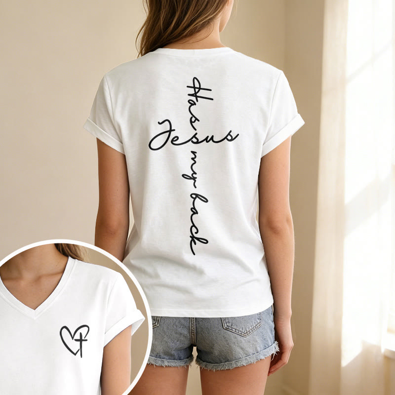 Christianartworkshop Camiseta informal con cuello en V y estampado delantero y trasero "Jesús me respalda" - image 31