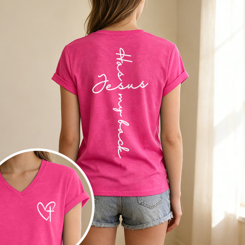 Christianartworkshop Camiseta informal con cuello en V y estampado delantero y trasero "Jesús me respalda" - image 73