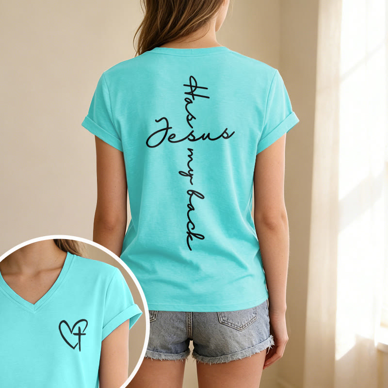 Christianartworkshop Camiseta informal con cuello en V y estampado delantero y trasero "Jesús me respalda" - image 37