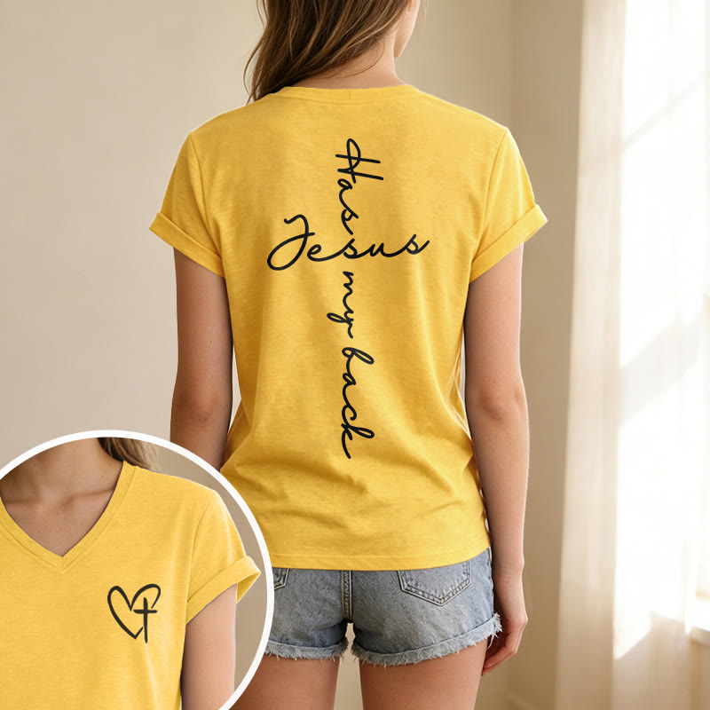 Christianartworkshop Camiseta informal con cuello en V y estampado delantero y trasero "Jesús me respalda" - image 19