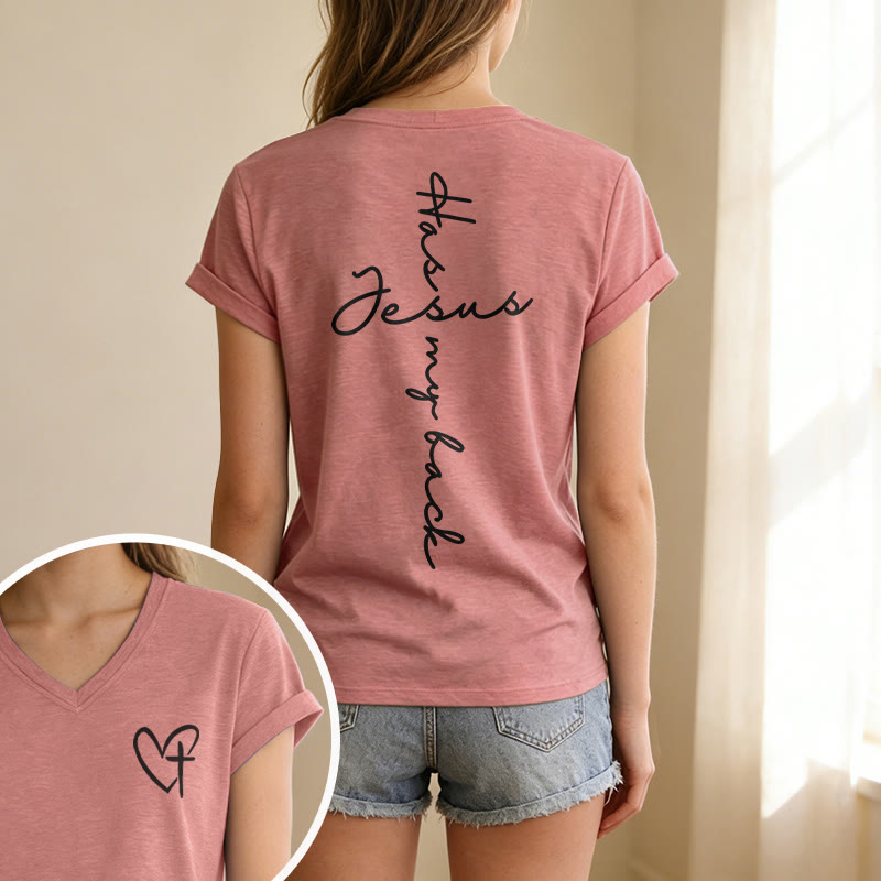 Christianartworkshop Camiseta informal con cuello en V y estampado delantero y trasero "Jesús me respalda" - image 43