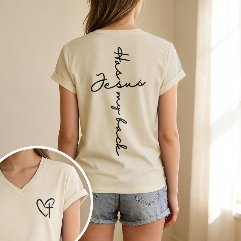 Christianartworkshop Camiseta informal con cuello en V y estampado delantero y trasero "Jesús me respalda" - image 13