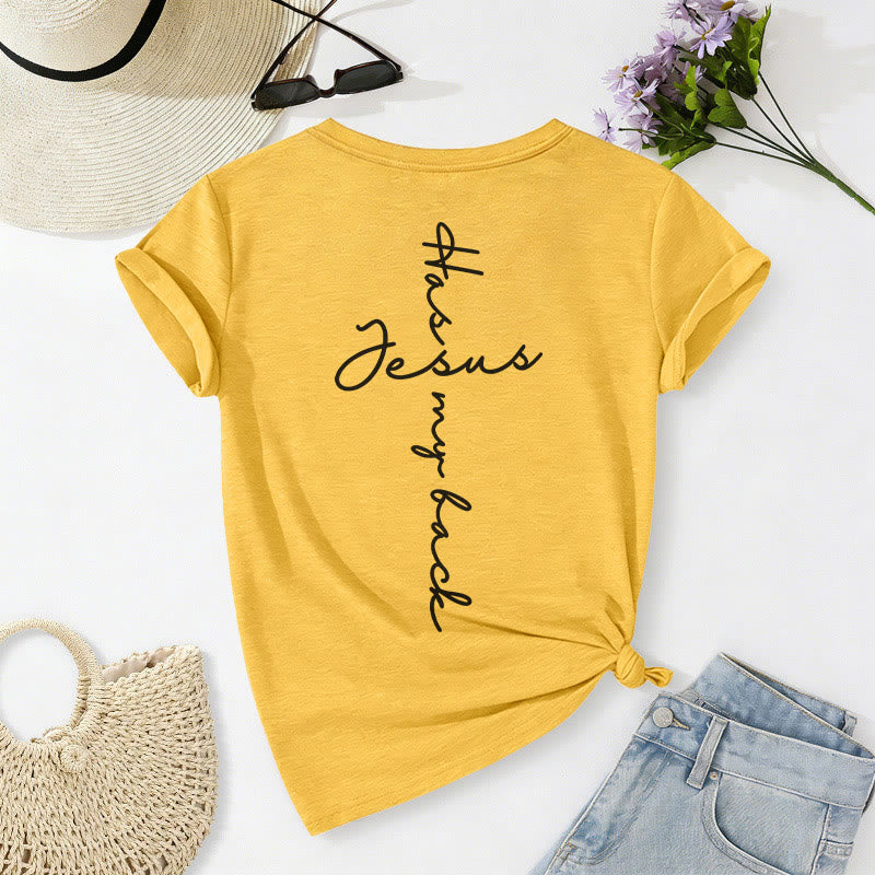 Christianartworkshop Camiseta informal con cuello en V y estampado delantero y trasero "Jesús me respalda" - image 22