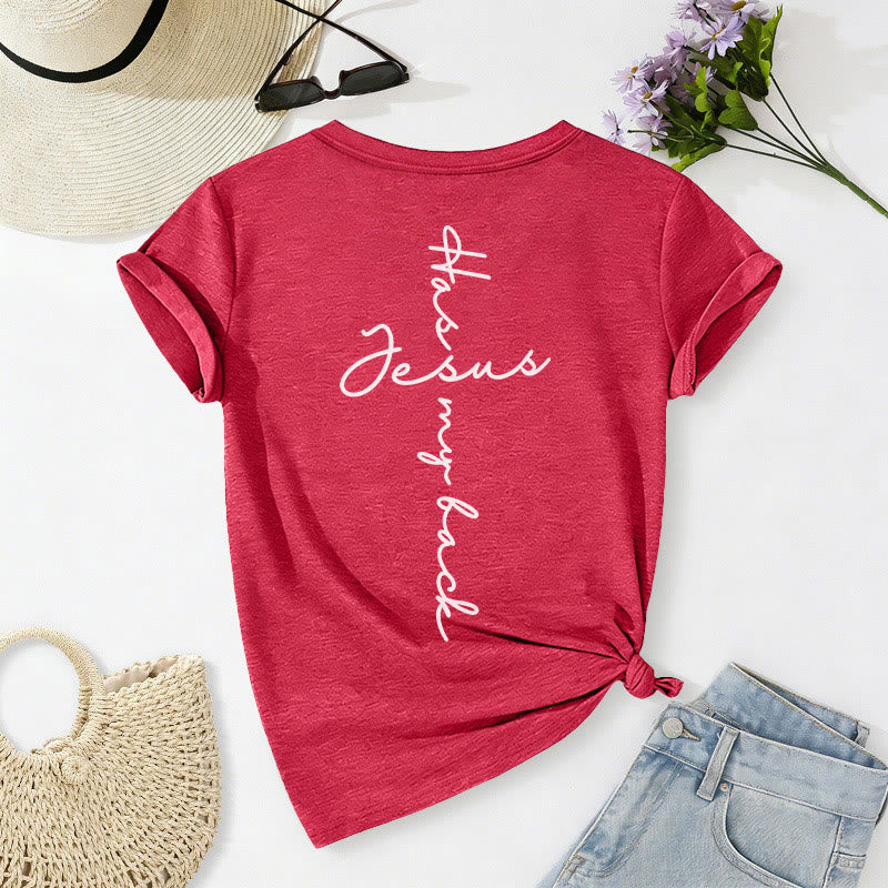Christianartworkshop Camiseta informal con cuello en V y estampado delantero y trasero "Jesús me respalda" - image 70