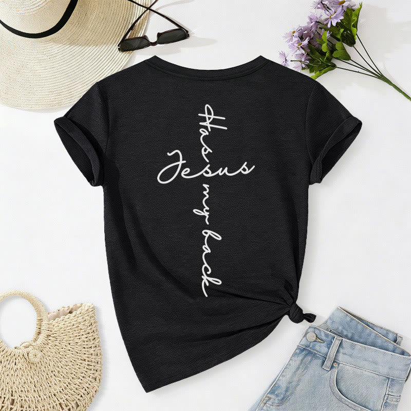Christianartworkshop Camiseta informal con cuello en V y estampado delantero y trasero "Jesús me respalda" - image 10