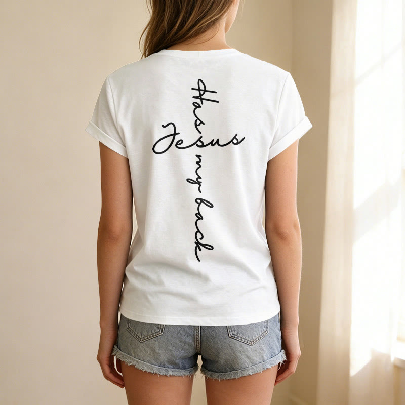 Christianartworkshop Camiseta informal con cuello en V y estampado delantero y trasero "Jesús me respalda" - image 35