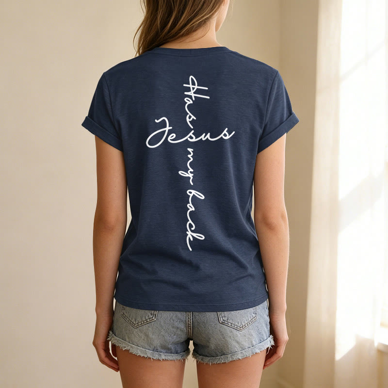 Christianartworkshop Camiseta informal con cuello en V y estampado delantero y trasero "Jesús me respalda" - image 65