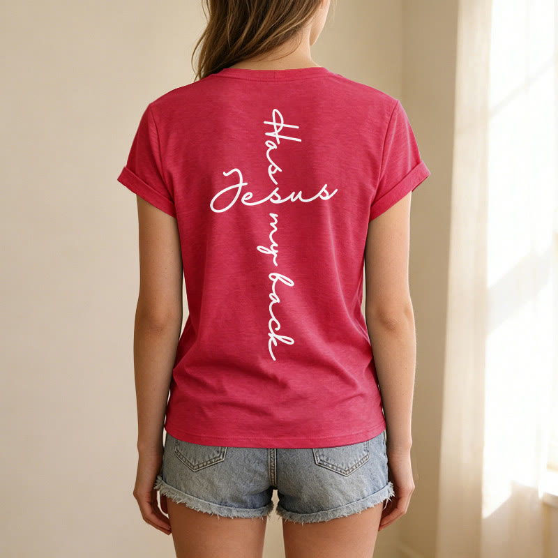 Christianartworkshop Camiseta informal con cuello en V y estampado delantero y trasero "Jesús me respalda" - image 71