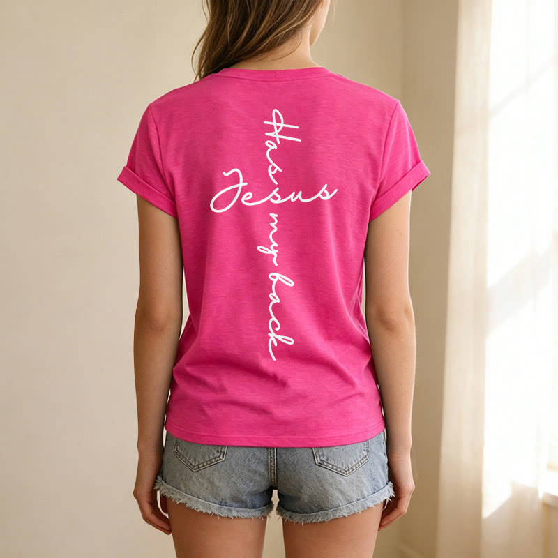 Christianartworkshop Camiseta informal con cuello en V y estampado delantero y trasero "Jesús me respalda" - image 77