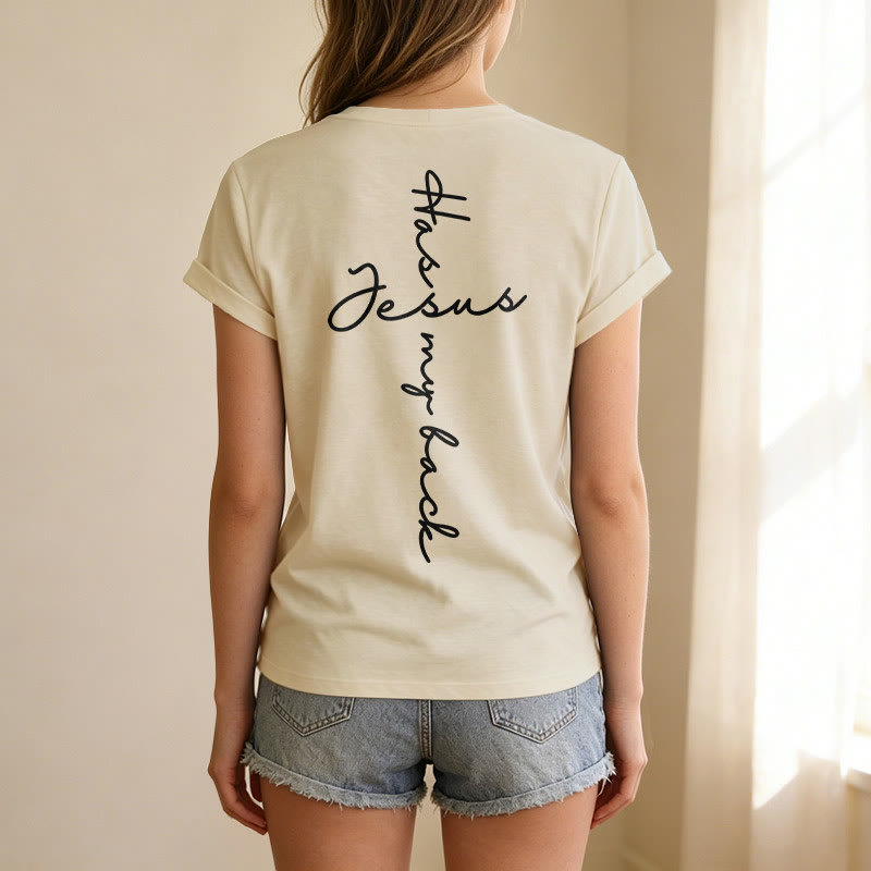 Christianartworkshop Camiseta informal con cuello en V y estampado delantero y trasero "Jesús me respalda" - image 17