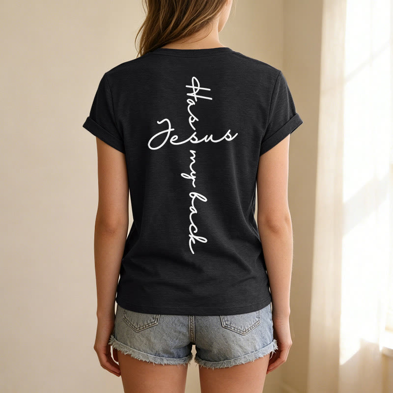 Christianartworkshop Camiseta informal con cuello en V y estampado delantero y trasero "Jesús me respalda" - image 11
