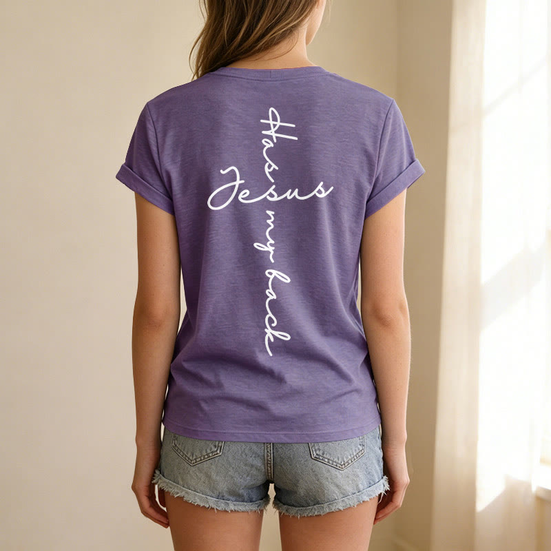Christianartworkshop Camiseta informal con cuello en V y estampado delantero y trasero "Jesús me respalda" - image 59