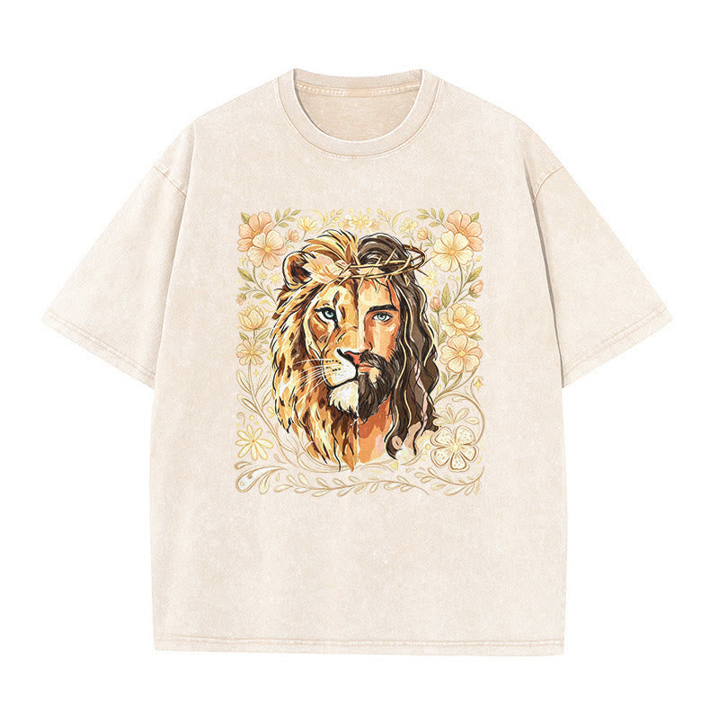 Christianartworkshop Camiseta unisex lavada con estampado floral del León de Judá y declaración de fe. - Beige - 5XL - image 5
