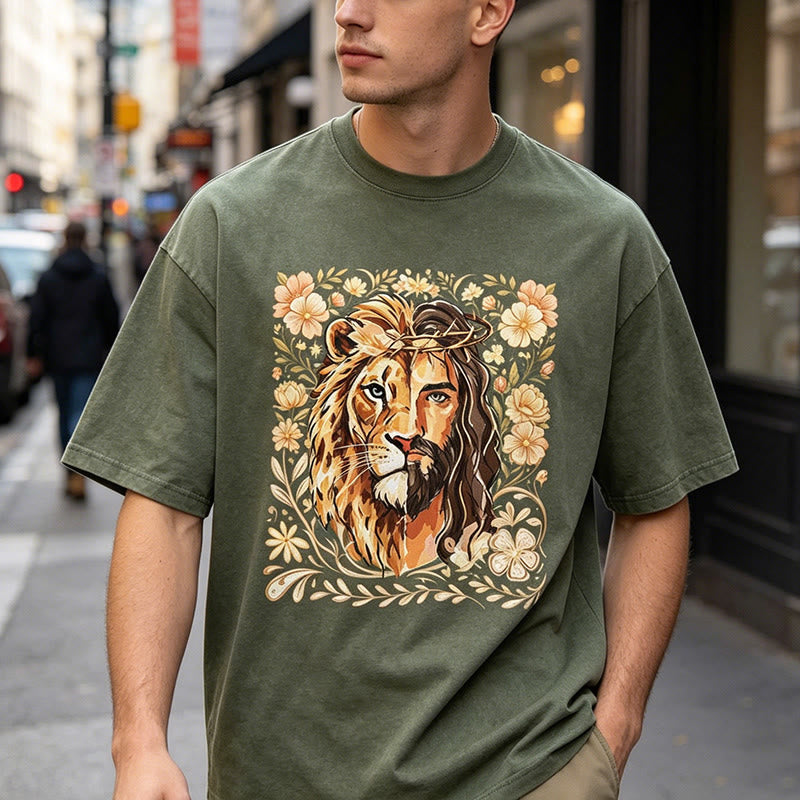Christianartworkshop Camiseta unisex lavada con estampado floral del León de Judá y declaración de fe. - image 0