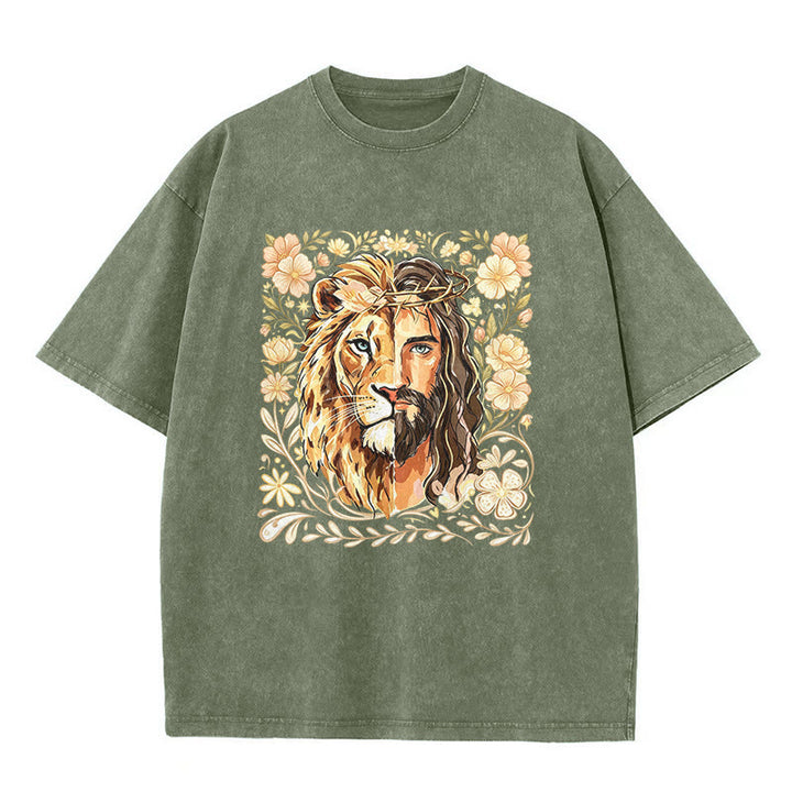 Christianartworkshop Camiseta unisex lavada con estampado floral del León de Judá y declaración de fe. - Verde militar - 5XL - image 1