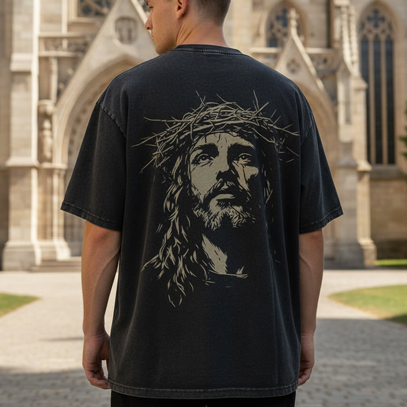 Christianartworkshop Camiseta unisex lavada con detalle de cruz y corona de espinas - image 0