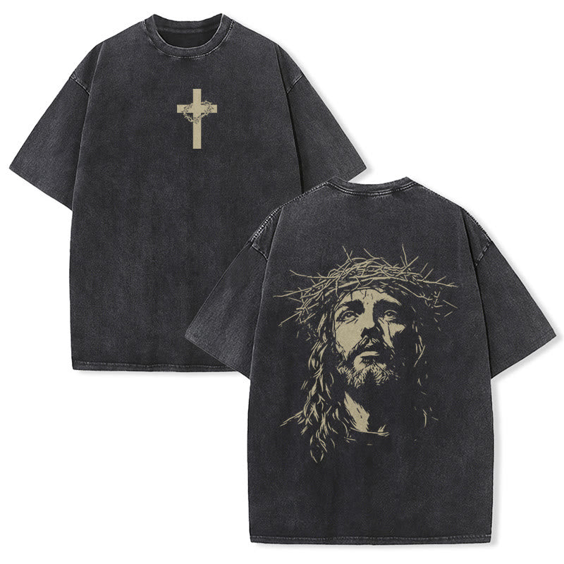 Christianartworkshop Camiseta unisex lavada con detalle de cruz y corona de espinas - Negro - 5XL - image 2