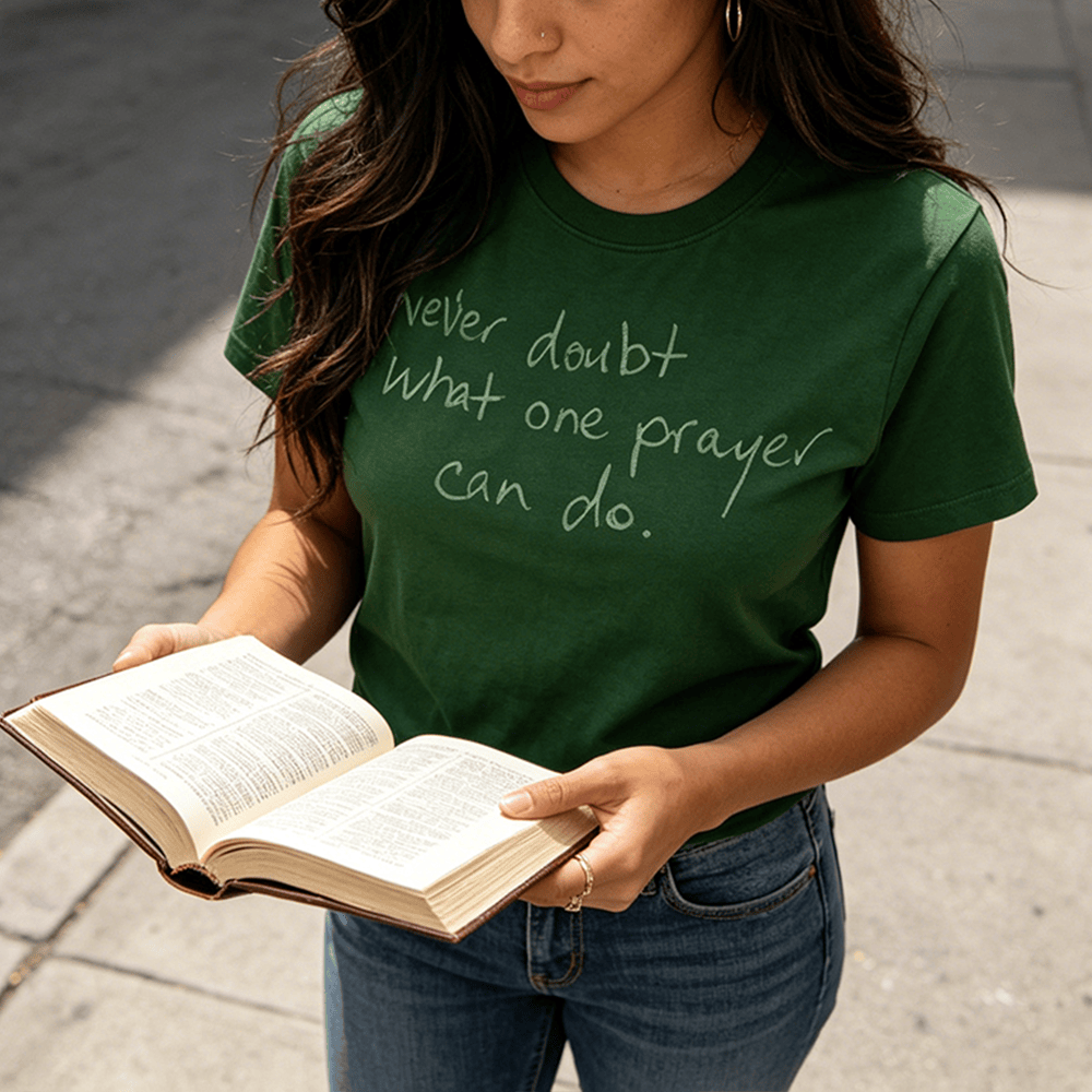 Christianartworkshop Camiseta de manga corta premium "Nunca dudes de lo que una oración puede hacer" - image 0
